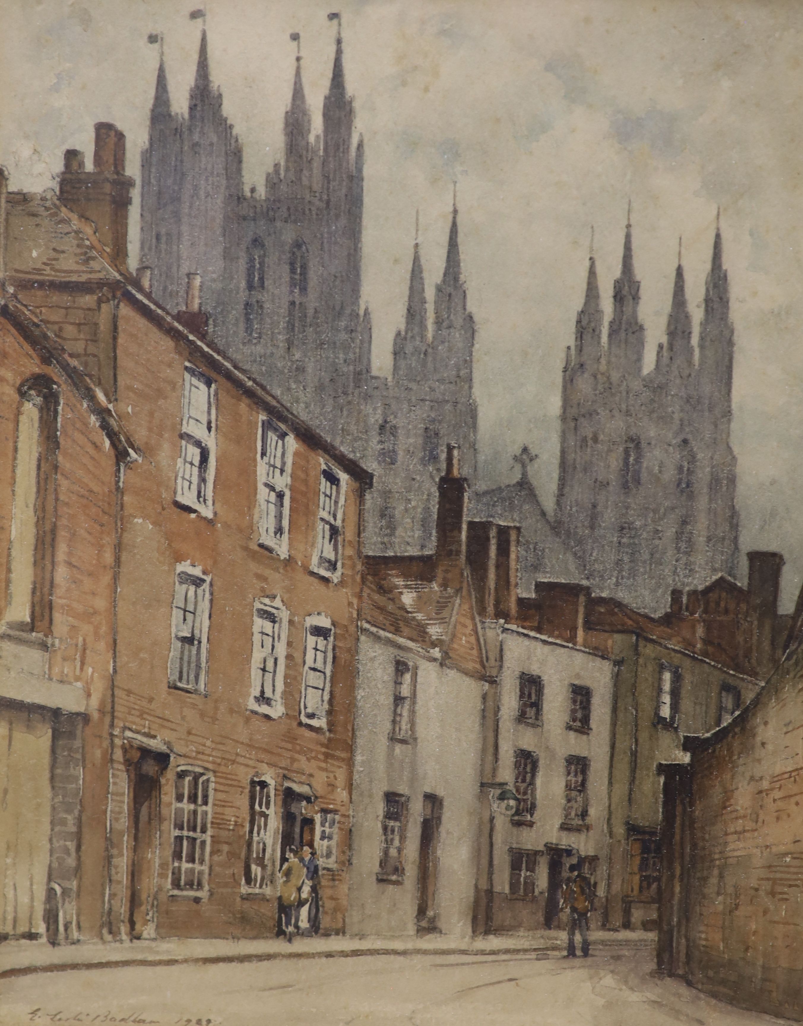 Edward Leslie Badham (1873-1944), watercolour, Cathedral town street scene, signed and dated 1929, 28 x 22cm